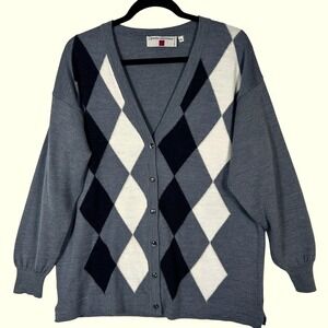 Paolo Ottaviani Mens XL Argyle V Neck Cardigan‎ Sweater Italy Merino Wool Blend